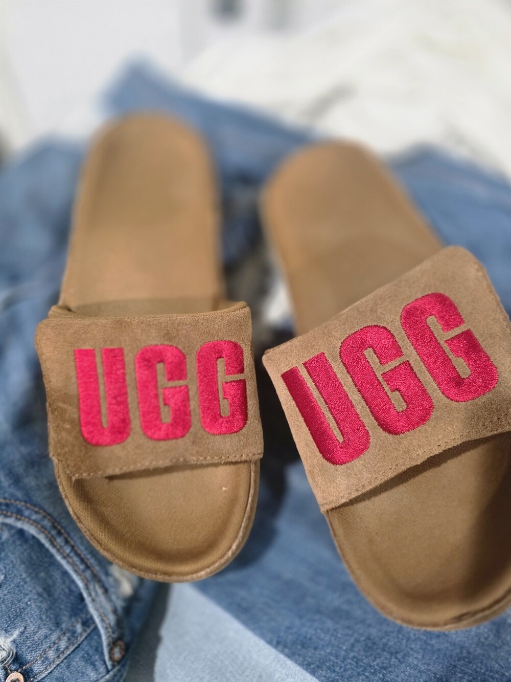 UGG Brown Suede Slide Sandals with Bright Pink Logo
